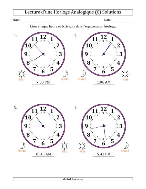 Lecture de l'Heure sur Une Horloge Analogique utilisant le système horaire sur 12 heures avec 1 Minutes d'Intervalle (4 Horloges) (C) page 2