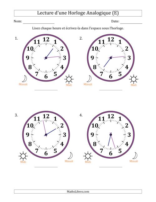 Lecture de l'Heure sur Une Horloge Analogique utilisant le système horaire sur 12 heures avec 1 Minutes d'Intervalle (4 Horloges) (E)
