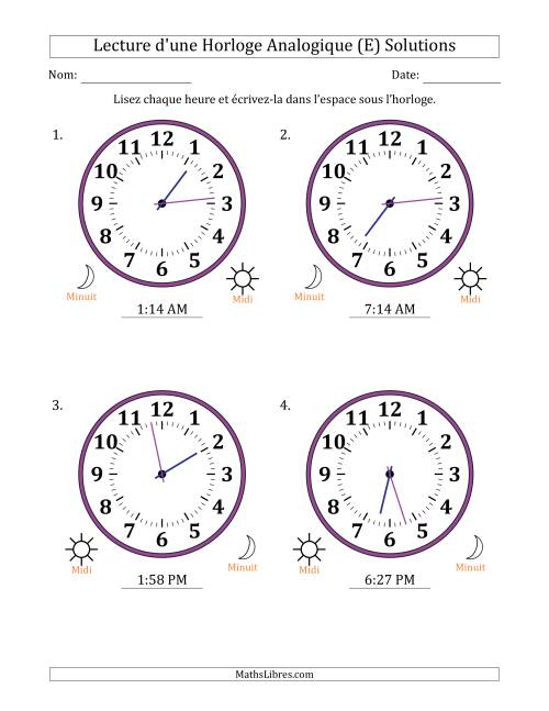 Lecture de l'Heure sur Une Horloge Analogique utilisant le système horaire sur 12 heures avec 1 Minutes d'Intervalle (4 Horloges) (E) page 2