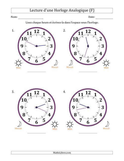 Lecture de l'Heure sur Une Horloge Analogique utilisant le système horaire sur 12 heures avec 1 Minutes d'Intervalle (4 Horloges) (F)