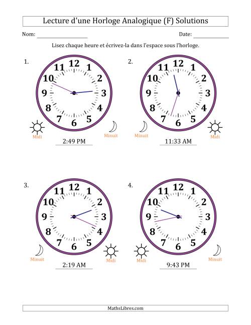 Lecture de l'Heure sur Une Horloge Analogique utilisant le système horaire sur 12 heures avec 1 Minutes d'Intervalle (4 Horloges) (F) page 2
