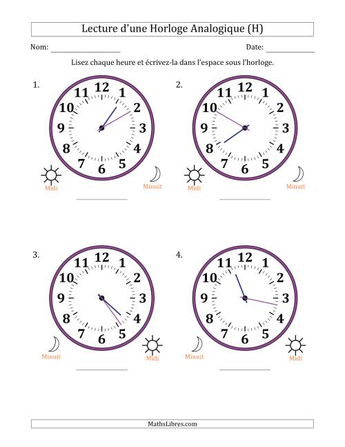 Lecture de l'Heure sur Une Horloge Analogique utilisant le système horaire sur 12 heures avec 1 Minutes d'Intervalle (4 Horloges) (H)