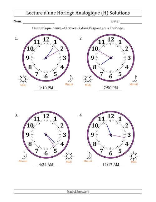 Lecture de l'Heure sur Une Horloge Analogique utilisant le système horaire sur 12 heures avec 1 Minutes d'Intervalle (4 Horloges) (H) page 2