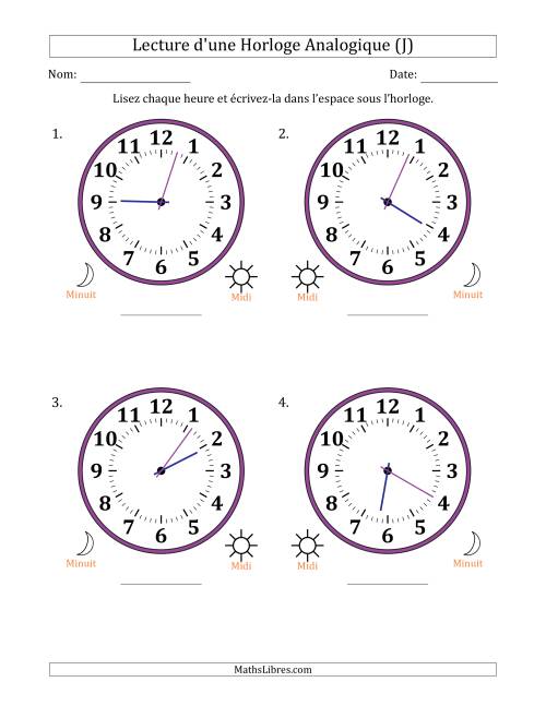 Lecture de l'Heure sur Une Horloge Analogique utilisant le système horaire sur 12 heures avec 1 Minutes d'Intervalle (4 Horloges) (J)