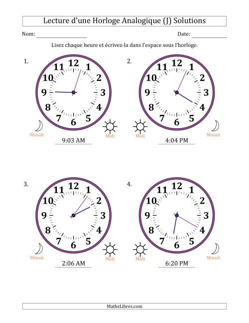 Lecture de l'Heure sur Une Horloge Analogique utilisant le système horaire sur 12 heures avec 1 Minutes d'Intervalle (4 Horloges) (J) page 2