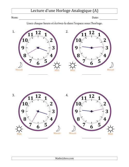 Lecture de l'Heure sur Une Horloge Analogique utilisant le système horaire sur 12 heures avec 1 Minutes d'Intervalle (4 Horloges) (Tout)