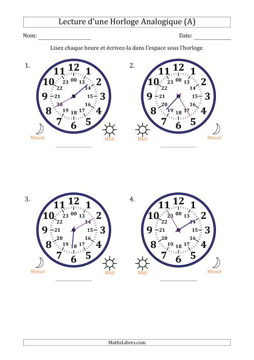 Lecture de l'Heure sur Une Horloge Analogique utilisant le système horaire sur 24 heures avec 5 Minutes d'Intervalle (4 Horloges) (A)