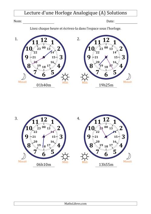 Lecture de l'Heure sur Une Horloge Analogique utilisant le système horaire sur 24 heures avec 5 Minutes d'Intervalle (4 Horloges) (A) page 2
