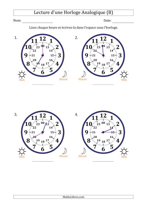 Lecture de l'Heure sur Une Horloge Analogique utilisant le système horaire sur 24 heures avec 5 Minutes d'Intervalle (4 Horloges) (B)