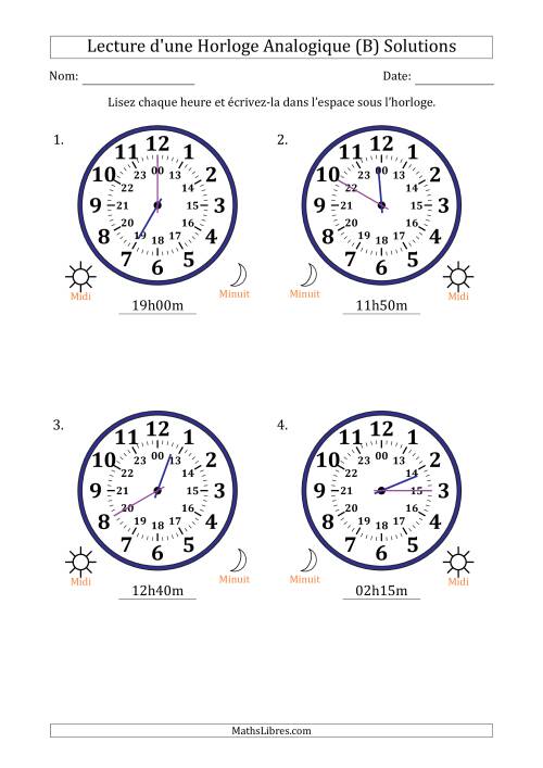 Lecture de l'Heure sur Une Horloge Analogique utilisant le système horaire sur 24 heures avec 5 Minutes d'Intervalle (4 Horloges) (B) page 2