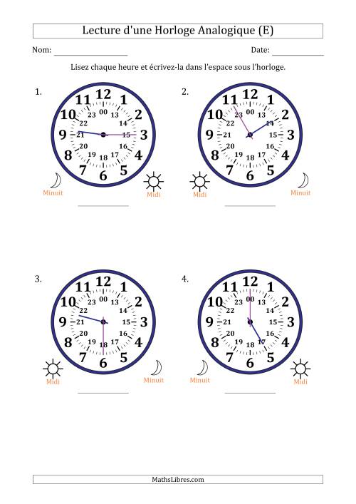 Lecture de l'Heure sur Une Horloge Analogique utilisant le système horaire sur 24 heures avec 5 Minutes d'Intervalle (4 Horloges) (E)