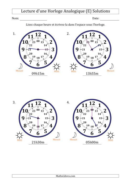 Lecture de l'Heure sur Une Horloge Analogique utilisant le système horaire sur 24 heures avec 5 Minutes d'Intervalle (4 Horloges) (E) page 2