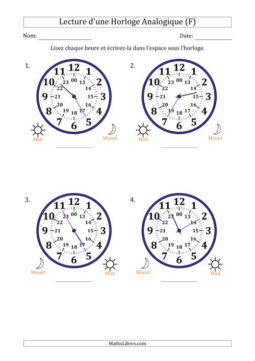 Lecture de l'Heure sur Une Horloge Analogique utilisant le système horaire sur 24 heures avec 5 Minutes d'Intervalle (4 Horloges) (F)