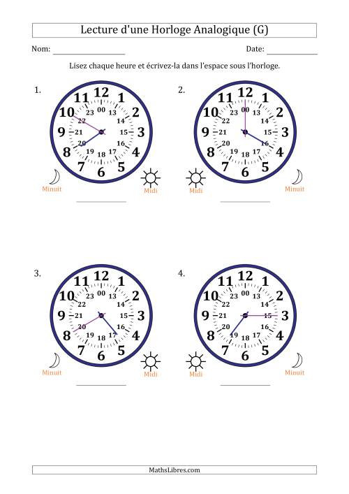 Lecture de l'Heure sur Une Horloge Analogique utilisant le système horaire sur 24 heures avec 5 Minutes d'Intervalle (4 Horloges) (G)