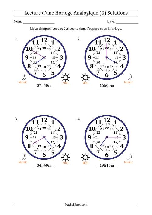 Lecture de l'Heure sur Une Horloge Analogique utilisant le système horaire sur 24 heures avec 5 Minutes d'Intervalle (4 Horloges) (G) page 2