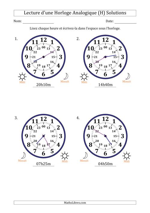 Lecture de l'Heure sur Une Horloge Analogique utilisant le système horaire sur 24 heures avec 5 Minutes d'Intervalle (4 Horloges) (H) page 2