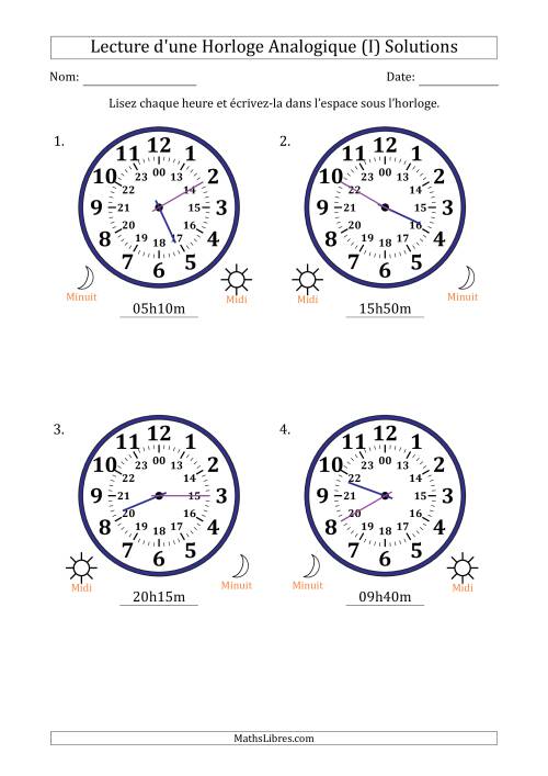 Lecture de l'Heure sur Une Horloge Analogique utilisant le système horaire sur 24 heures avec 5 Minutes d'Intervalle (4 Horloges) (I) page 2