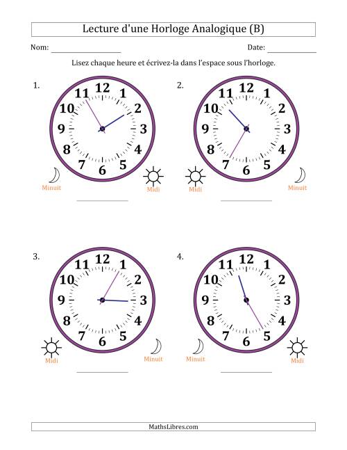 Lecture de l'Heure sur Une Horloge Analogique utilisant le système horaire sur 12 heures avec 5 Minutes d'Intervalle (4 Horloges) (B)