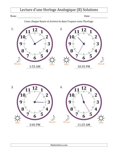 Lecture de l'Heure sur Une Horloge Analogique utilisant le système horaire sur 12 heures avec 5 Minutes d'Intervalle (4 Horloges) (B) page 2