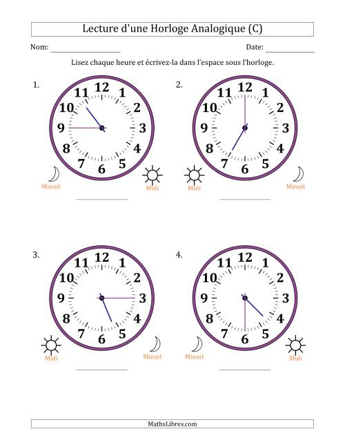 Lecture de l'Heure sur Une Horloge Analogique utilisant le système horaire sur 12 heures avec 5 Minutes d'Intervalle (4 Horloges) (C)