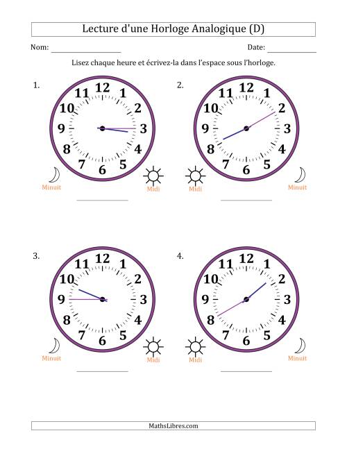 Lecture de l'Heure sur Une Horloge Analogique utilisant le système horaire sur 12 heures avec 5 Minutes d'Intervalle (4 Horloges) (D)