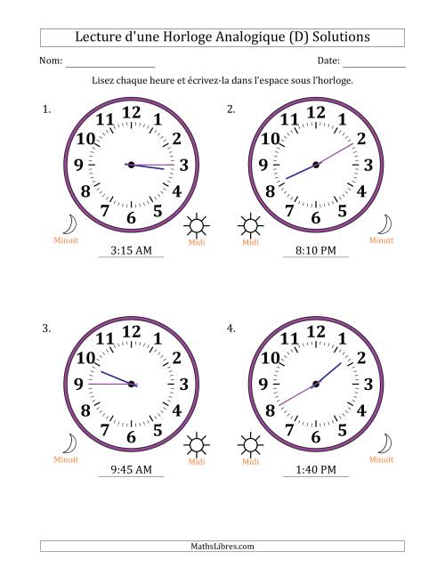 Lecture de l'Heure sur Une Horloge Analogique utilisant le système horaire sur 12 heures avec 5 Minutes d'Intervalle (4 Horloges) (D) page 2