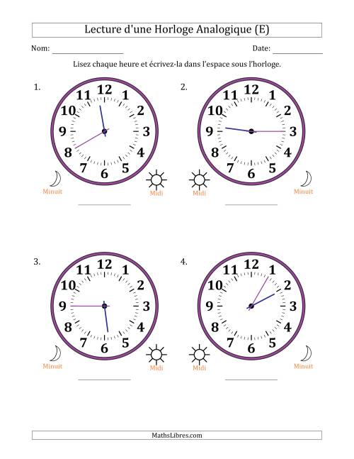 Lecture de l'Heure sur Une Horloge Analogique utilisant le système horaire sur 12 heures avec 5 Minutes d'Intervalle (4 Horloges) (E)