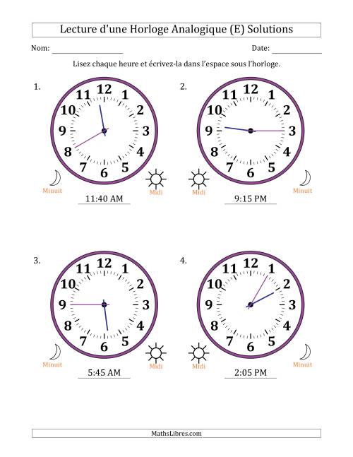 Lecture de l'Heure sur Une Horloge Analogique utilisant le système horaire sur 12 heures avec 5 Minutes d'Intervalle (4 Horloges) (E) page 2