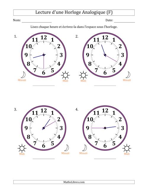 Lecture de l'Heure sur Une Horloge Analogique utilisant le système horaire sur 12 heures avec 5 Minutes d'Intervalle (4 Horloges) (F)