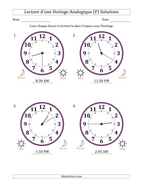 Lecture de l'Heure sur Une Horloge Analogique utilisant le système horaire sur 12 heures avec 5 Minutes d'Intervalle (4 Horloges) (F) page 2