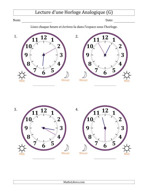 Lecture de l'Heure sur Une Horloge Analogique utilisant le système horaire sur 12 heures avec 5 Minutes d'Intervalle (4 Horloges) (G)