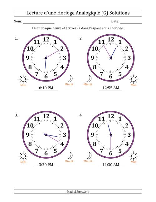 Lecture de l'Heure sur Une Horloge Analogique utilisant le système horaire sur 12 heures avec 5 Minutes d'Intervalle (4 Horloges) (G) page 2