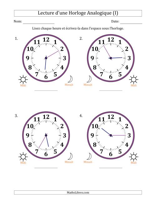 Lecture de l'Heure sur Une Horloge Analogique utilisant le système horaire sur 12 heures avec 5 Minutes d'Intervalle (4 Horloges) (I)