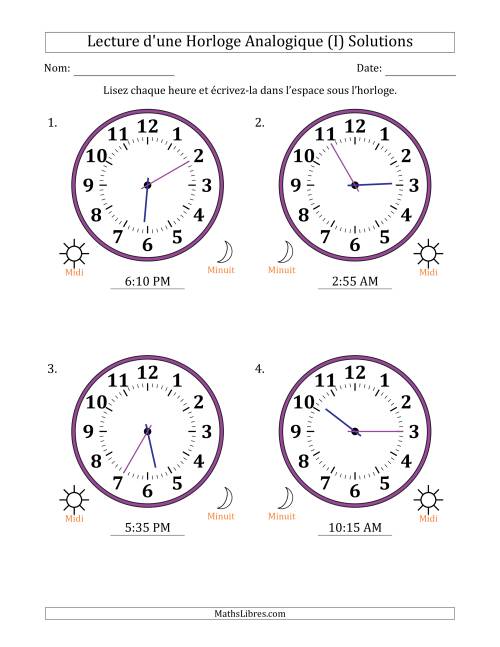 Lecture de l'Heure sur Une Horloge Analogique utilisant le système horaire sur 12 heures avec 5 Minutes d'Intervalle (4 Horloges) (I) page 2