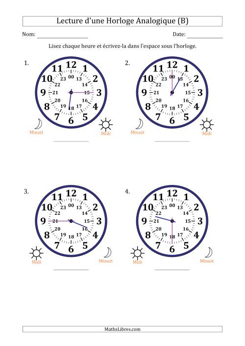 Lecture de l'Heure sur Une Horloge Analogique utilisant le système horaire sur 24 heures avec 15 Minutes d'Intervalle (4 Horloges) (B)