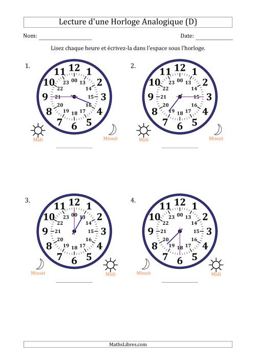 Lecture de l'Heure sur Une Horloge Analogique utilisant le système horaire sur 24 heures avec 15 Minutes d'Intervalle (4 Horloges) (D)