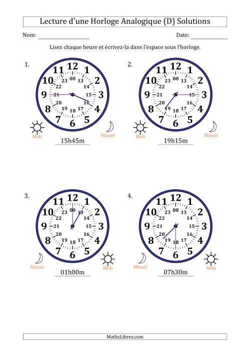 Lecture de l'Heure sur Une Horloge Analogique utilisant le système horaire sur 24 heures avec 15 Minutes d'Intervalle (4 Horloges) (D) page 2