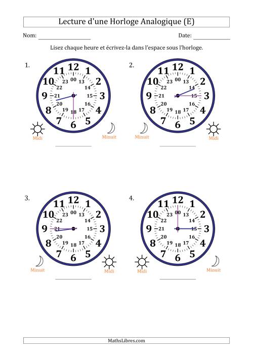 Lecture de l'Heure sur Une Horloge Analogique utilisant le système horaire sur 24 heures avec 15 Minutes d'Intervalle (4 Horloges) (E)