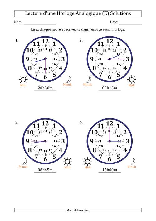Lecture de l'Heure sur Une Horloge Analogique utilisant le système horaire sur 24 heures avec 15 Minutes d'Intervalle (4 Horloges) (E) page 2