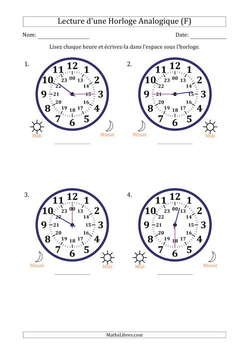 Lecture de l'Heure sur Une Horloge Analogique utilisant le système horaire sur 24 heures avec 15 Minutes d'Intervalle (4 Horloges) (F)