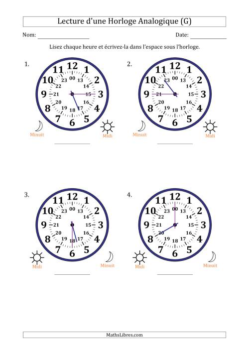 Lecture de l'Heure sur Une Horloge Analogique utilisant le système horaire sur 24 heures avec 15 Minutes d'Intervalle (4 Horloges) (G)