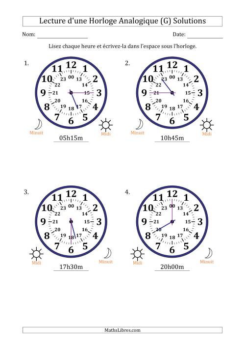 Lecture de l'Heure sur Une Horloge Analogique utilisant le système horaire sur 24 heures avec 15 Minutes d'Intervalle (4 Horloges) (G) page 2