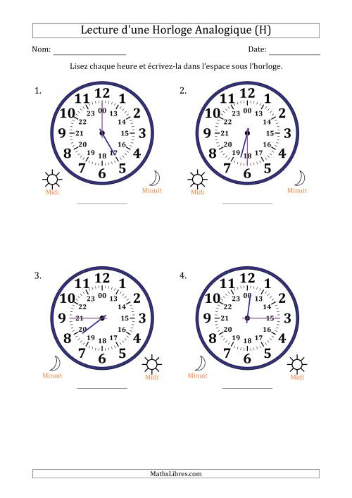 Lecture de l'Heure sur Une Horloge Analogique utilisant le système horaire sur 24 heures avec 15 Minutes d'Intervalle (4 Horloges) (H)