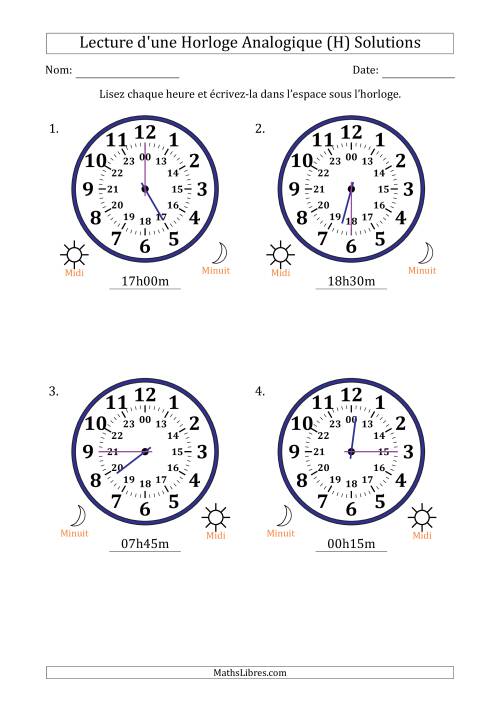 Lecture de l'Heure sur Une Horloge Analogique utilisant le système horaire sur 24 heures avec 15 Minutes d'Intervalle (4 Horloges) (H) page 2