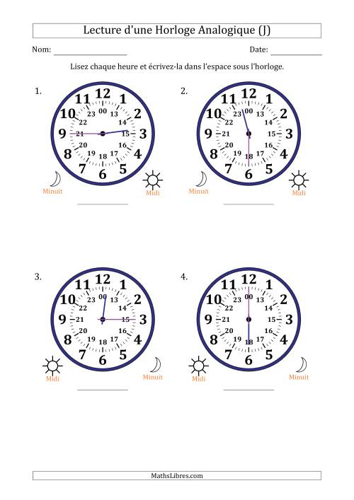 Lecture de l'Heure sur Une Horloge Analogique utilisant le système horaire sur 24 heures avec 15 Minutes d'Intervalle (4 Horloges) (J)