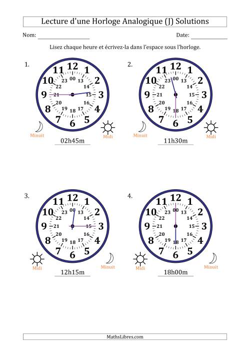 Lecture de l'Heure sur Une Horloge Analogique utilisant le système horaire sur 24 heures avec 15 Minutes d'Intervalle (4 Horloges) (J) page 2