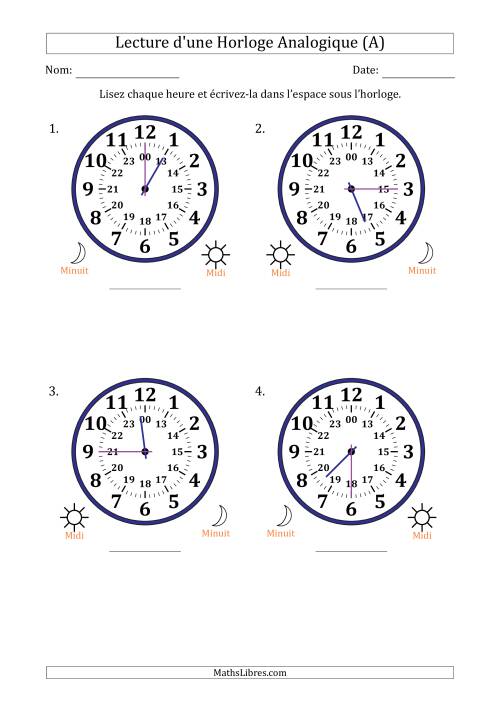 Lecture de l'Heure sur Une Horloge Analogique utilisant le système horaire sur 24 heures avec 15 Minutes d'Intervalle (4 Horloges) (Tout)