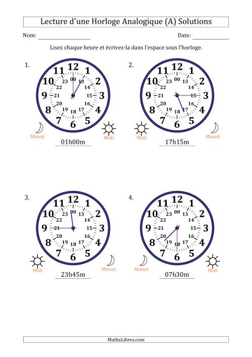 Lecture de l'Heure sur Une Horloge Analogique utilisant le système horaire sur 24 heures avec 15 Minutes d'Intervalle (4 Horloges) (Tout) page 2