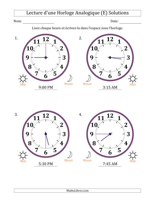 Lecture de l'Heure sur Une Horloge Analogique utilisant le système horaire sur 12 heures avec 15 Minutes d'Intervalle (4 Horloges) (E) page 2