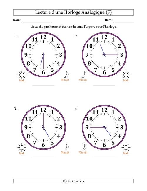 Lecture de l'Heure sur Une Horloge Analogique utilisant le système horaire sur 12 heures avec 15 Minutes d'Intervalle (4 Horloges) (F)